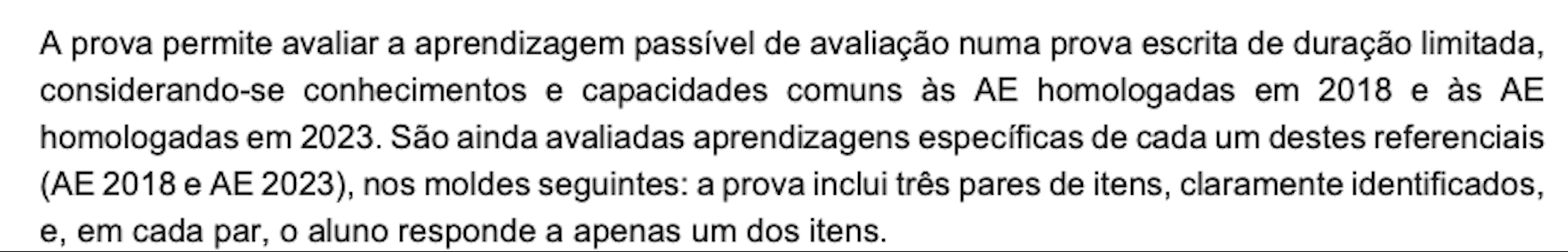 Excerto oficial sobre a estrutura da prova com pares de itens
