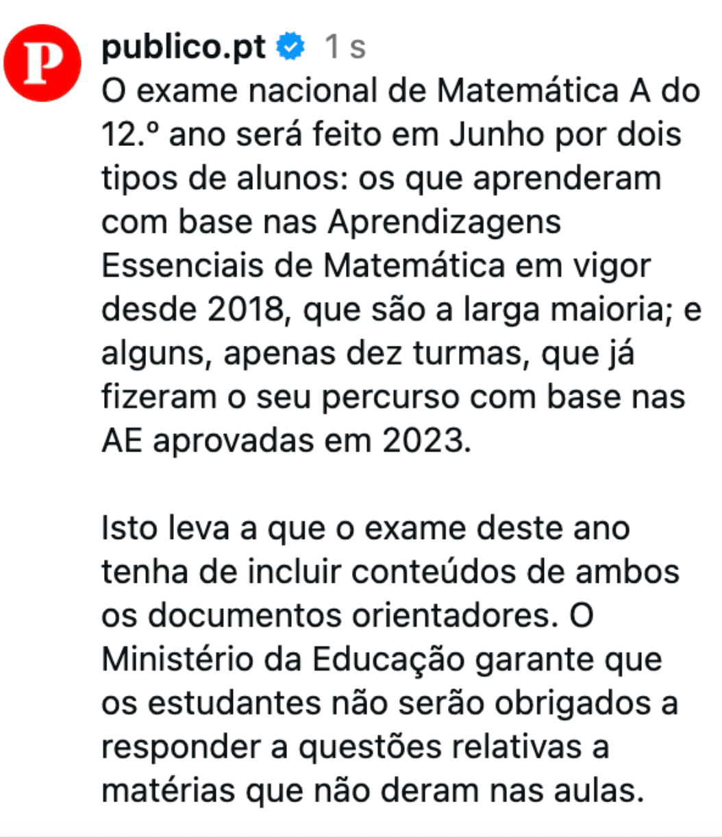 Excerto do Público sobre as Aprendizagens Essenciais no Exame de Matemática A